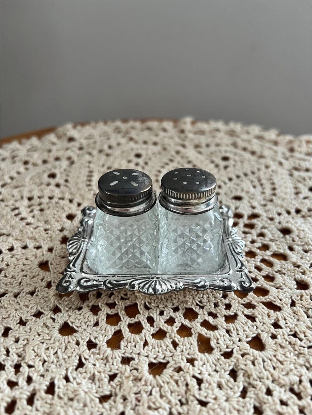 Vintage Silver Plated Salt Pepper Shakers with Tray | Retro Kitchen Decor